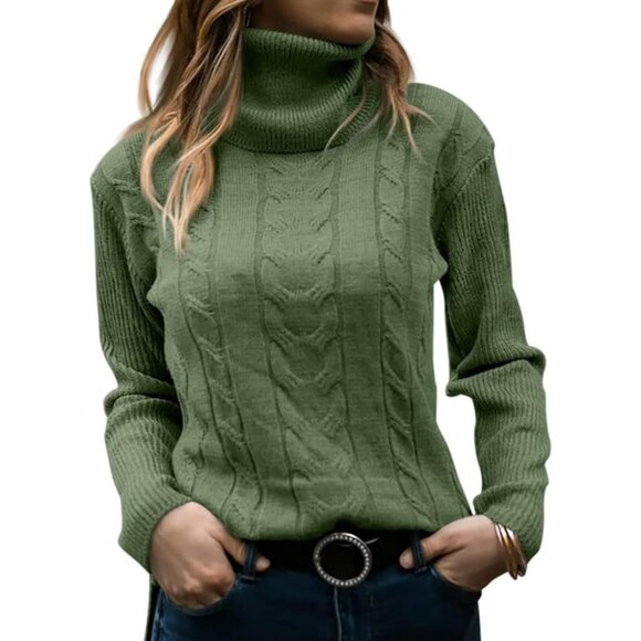 Womens Olive Pull On Cable Knit Turtleneck Long Sleeve Casual Warm Sweaters - Picture 1 of 2